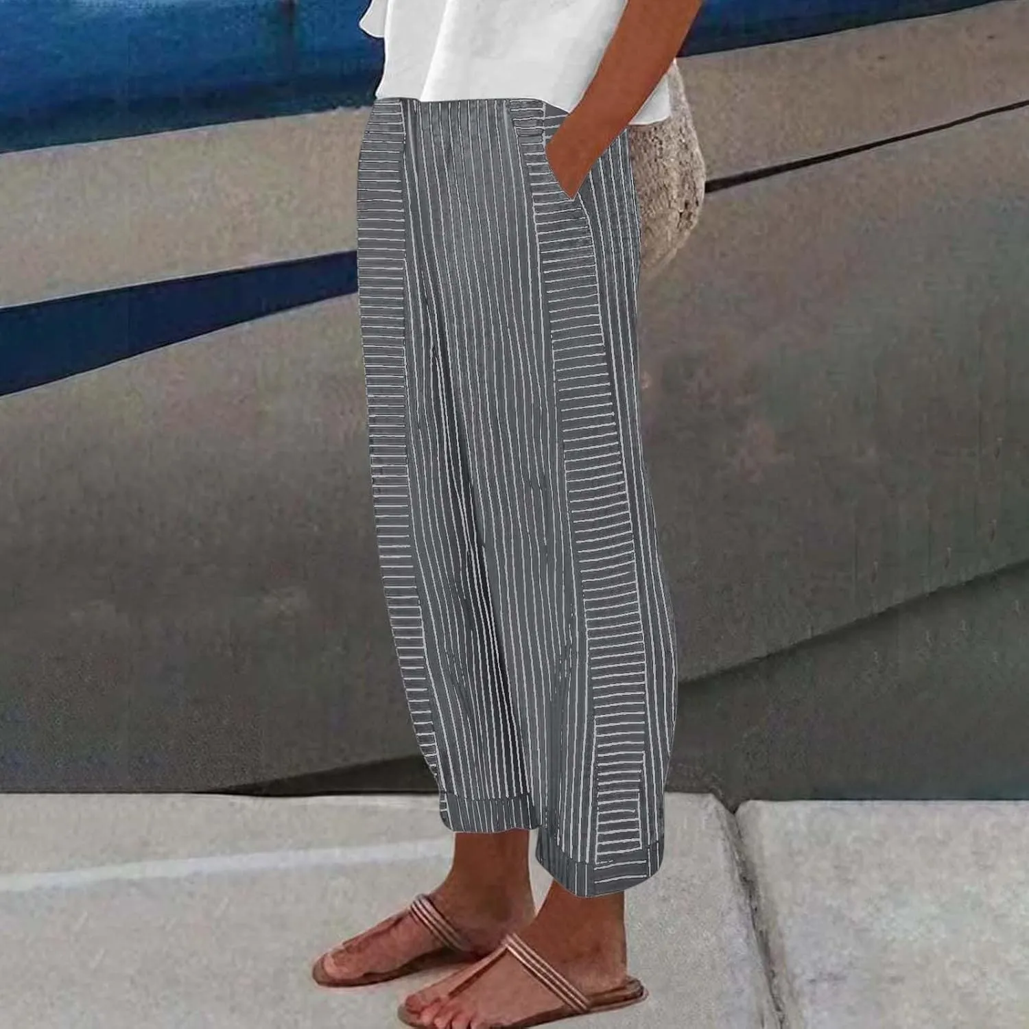 Linen Pants Women Linen Striped Elastic Waist Side Back Four Pockets 9/10 Loose Drawstring Elastic Waist Cropped Trouser