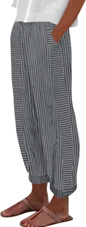 Linen Pants Women Linen Striped Elastic Waist Side Back Four Pockets 9/10 Loose Drawstring Elastic Waist Cropped Trouser