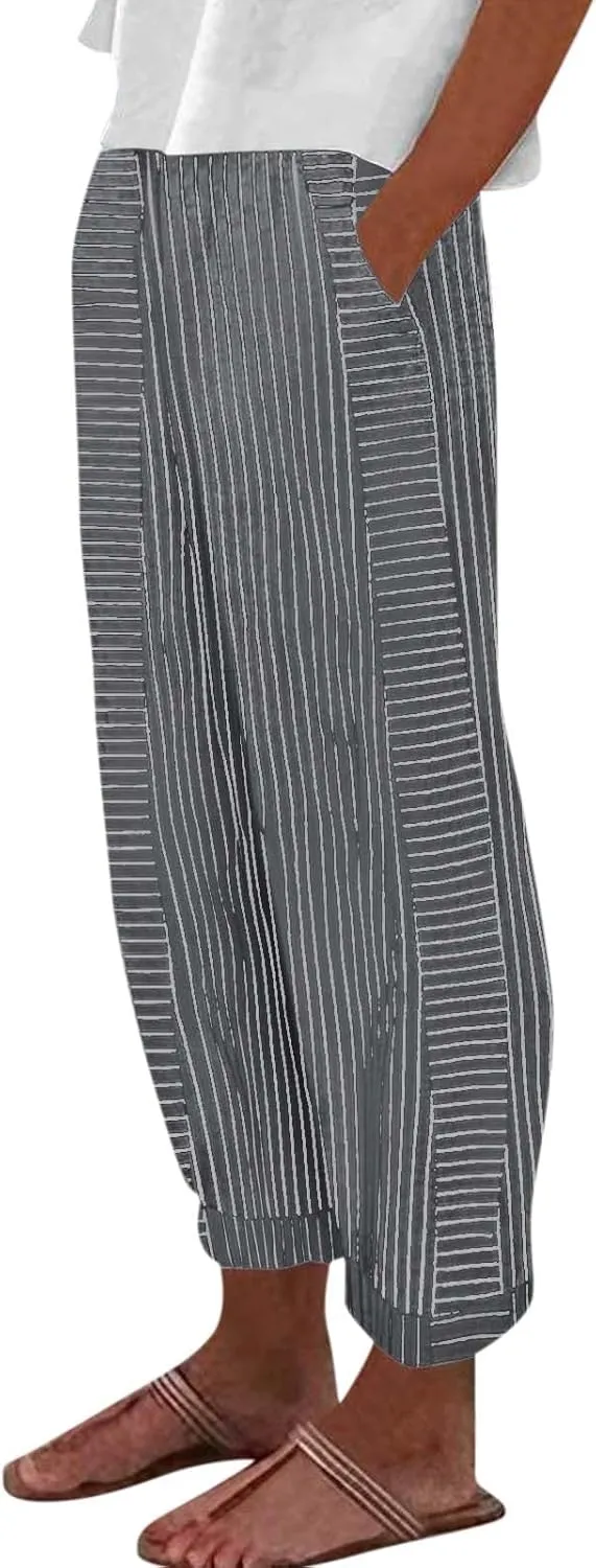 Linen Pants Women Linen Striped Elastic Waist Side Back Four Pockets 9/10 Loose Drawstring Elastic Waist Cropped Trouser
