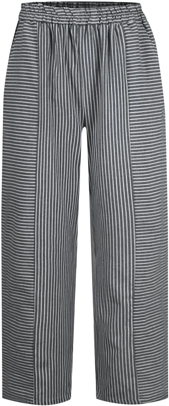 Linen Pants Women Linen Striped Elastic Waist Side Back Four Pockets 9/10 Loose Drawstring Elastic Waist Cropped Trouser