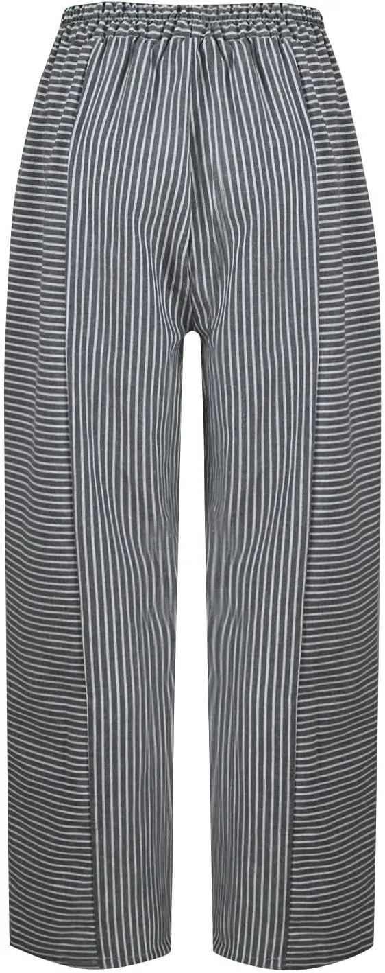 Linen Pants Women Linen Striped Elastic Waist Side Back Four Pockets 9/10 Loose Drawstring Elastic Waist Cropped Trouser