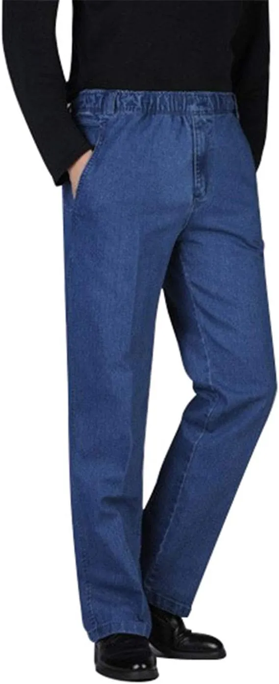 Locachy Men's Elastic Waist Denim Pants Casual Loose Straight Jeans