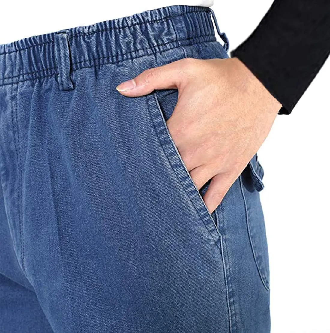Locachy Men's Elastic Waist Denim Pants Casual Loose Straight Jeans