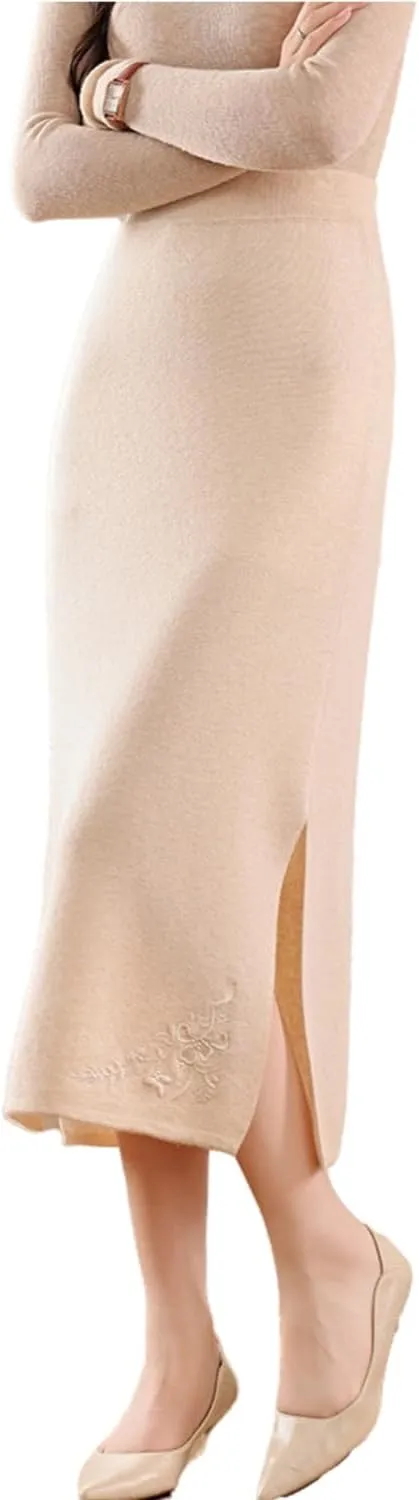 Long Skirt Women's 100% Merino Wool Knit Skirt Ribbed Elastic Waist Embroidered Slit Skirts