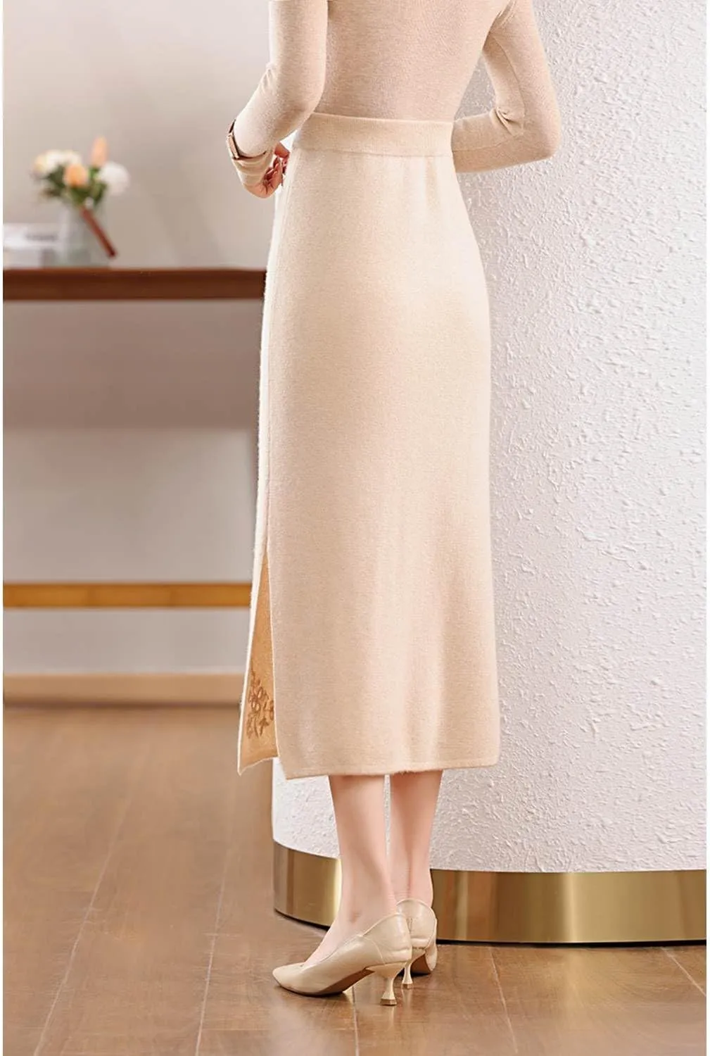Long Skirt Women's 100% Merino Wool Knit Skirt Ribbed Elastic Waist Embroidered Slit Skirts