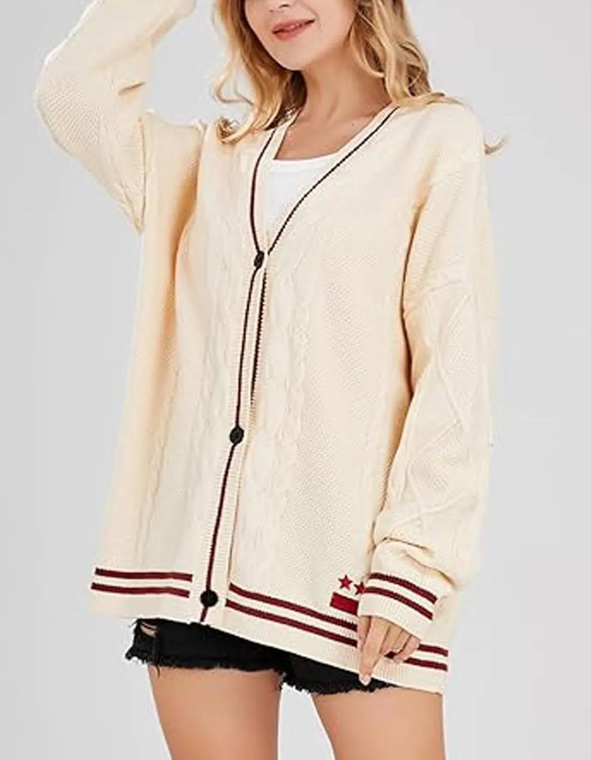 loveimgs Women's Cardigan Open Front Stars Embroideried Cable Knit Sweaters Button Down V Neck Sweater