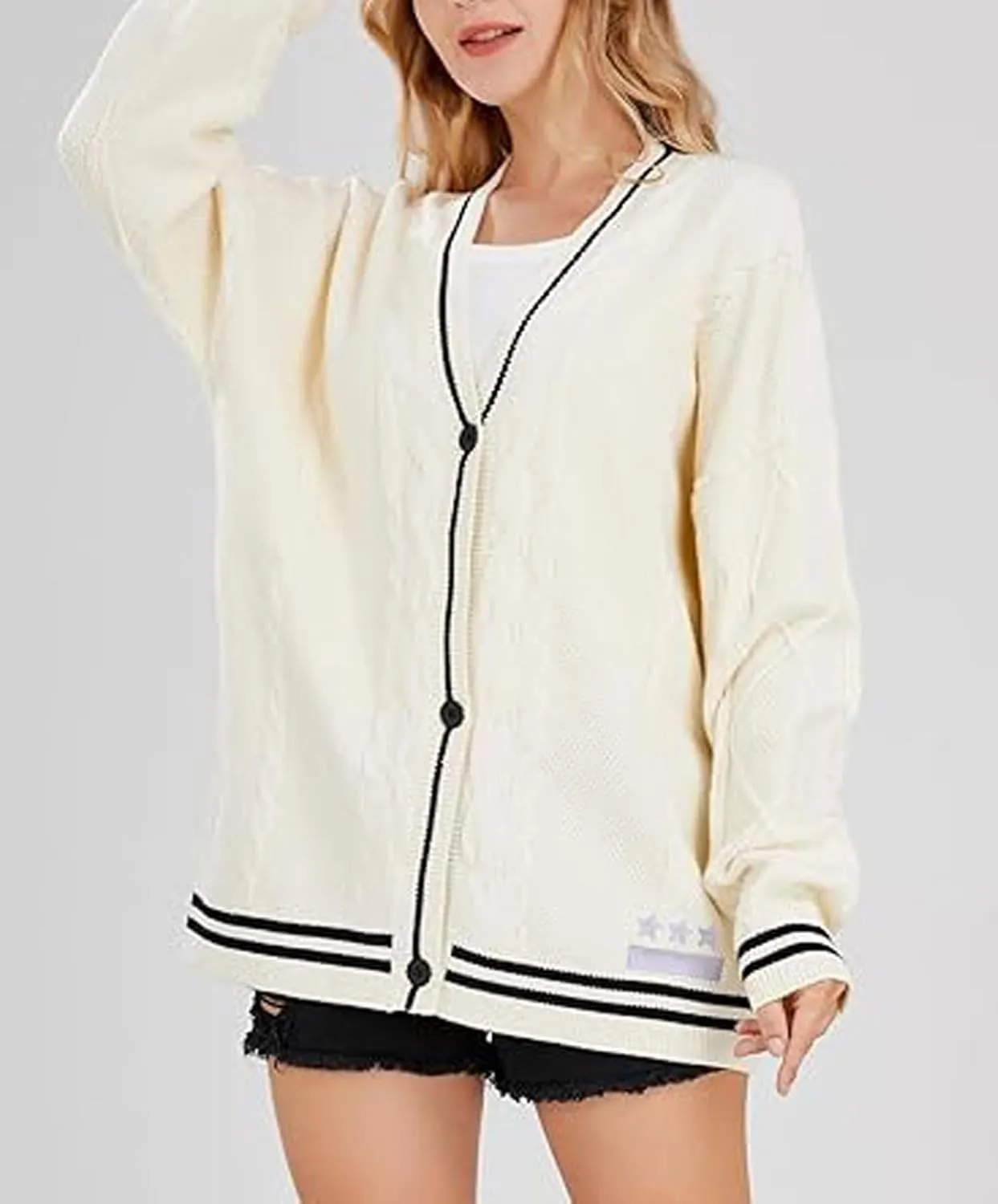 loveimgs Women's Cardigan Open Front Stars Embroideried Cable Knit Sweaters Button Down V Neck Sweater