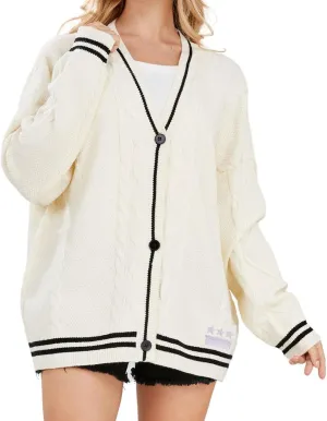 loveimgs Women's Cardigan Open Front Stars Embroideried Cable Knit Sweaters Button Down V Neck Sweater