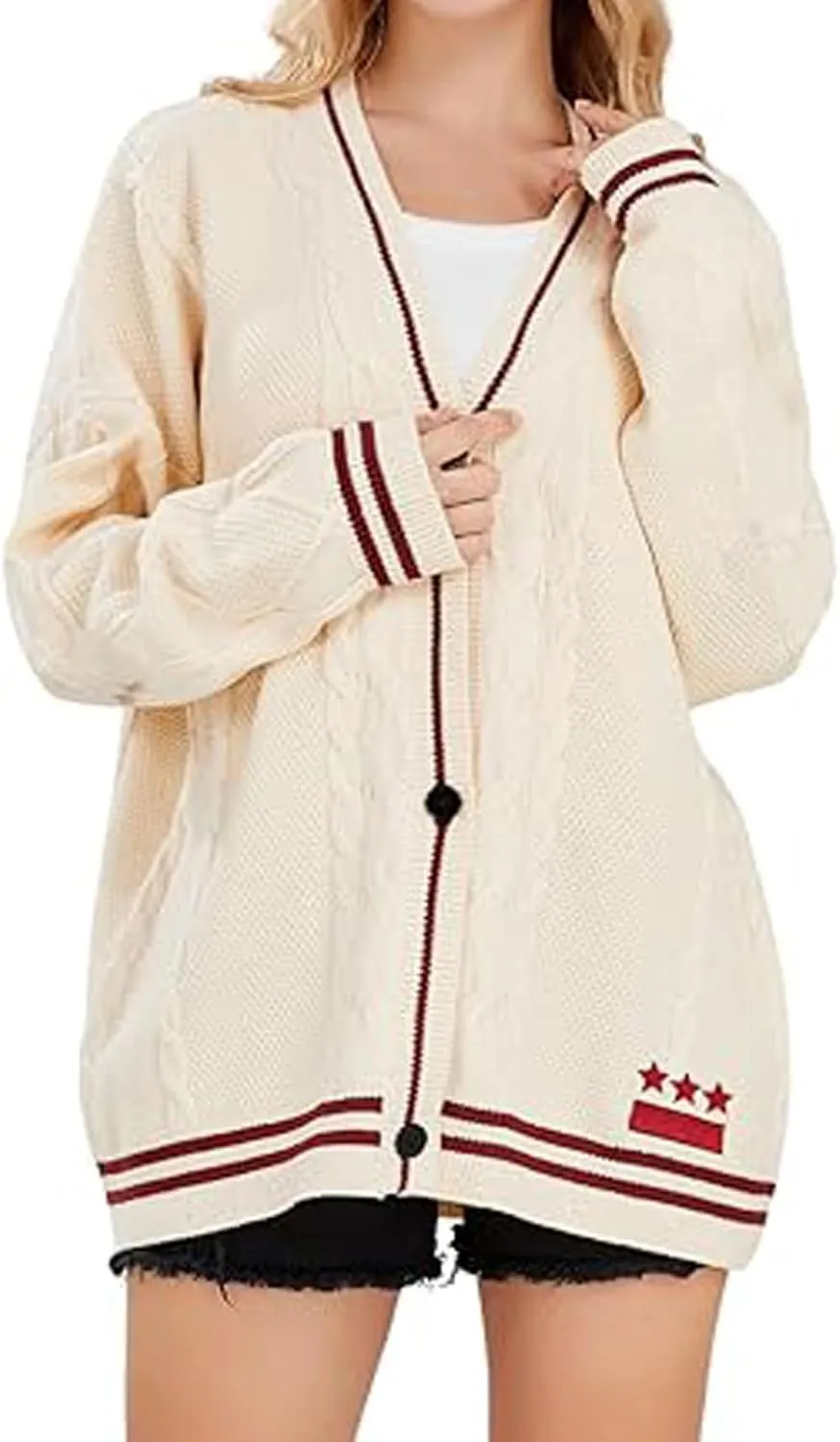 loveimgs Women's Cardigan Open Front Stars Embroideried Cable Knit Sweaters Button Down V Neck Sweater