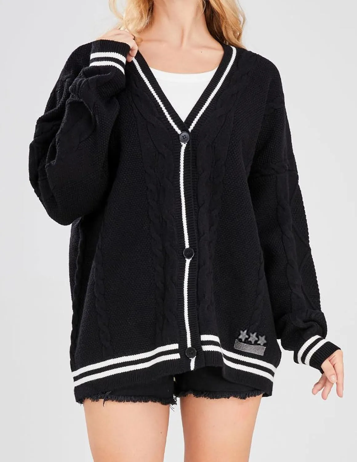 loveimgs Women's Cardigan Open Front Stars Embroideried Cable Knit Sweaters Button Down V Neck Sweater