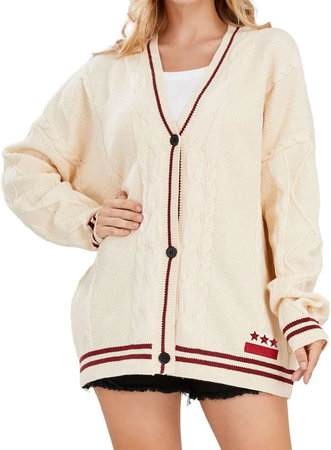 loveimgs Women's Cardigan Open Front Stars Embroideried Cable Knit Sweaters Button Down V Neck Sweater