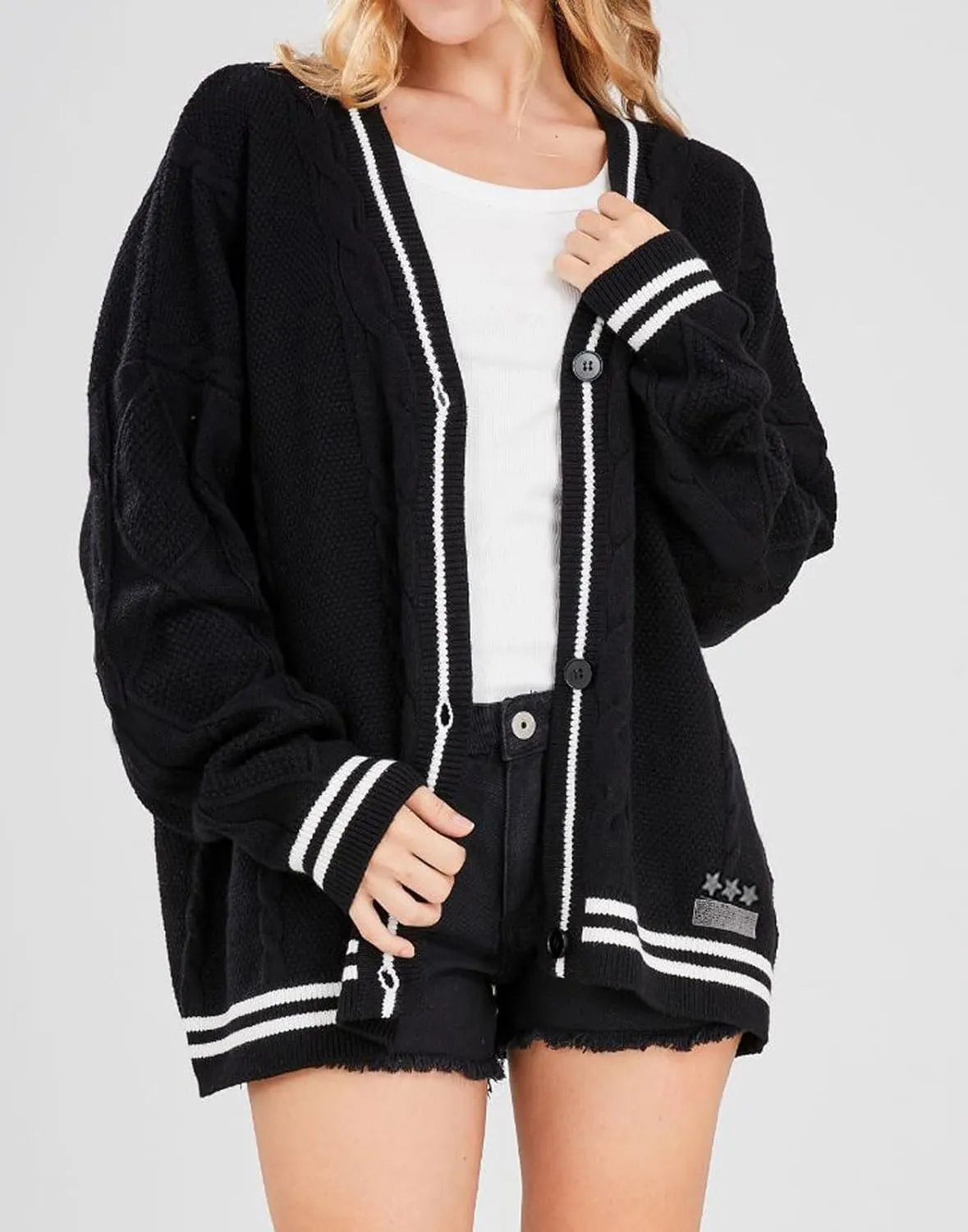 loveimgs Women's Cardigan Open Front Stars Embroideried Cable Knit Sweaters Button Down V Neck Sweater