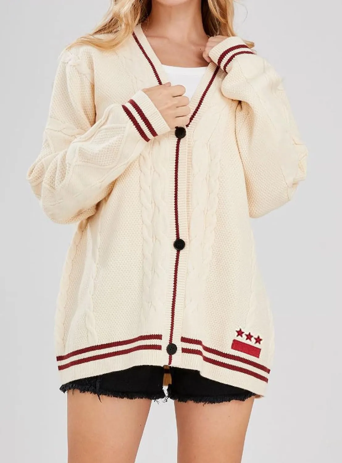 loveimgs Women's Cardigan Open Front Stars Embroideried Cable Knit Sweaters Button Down V Neck Sweater