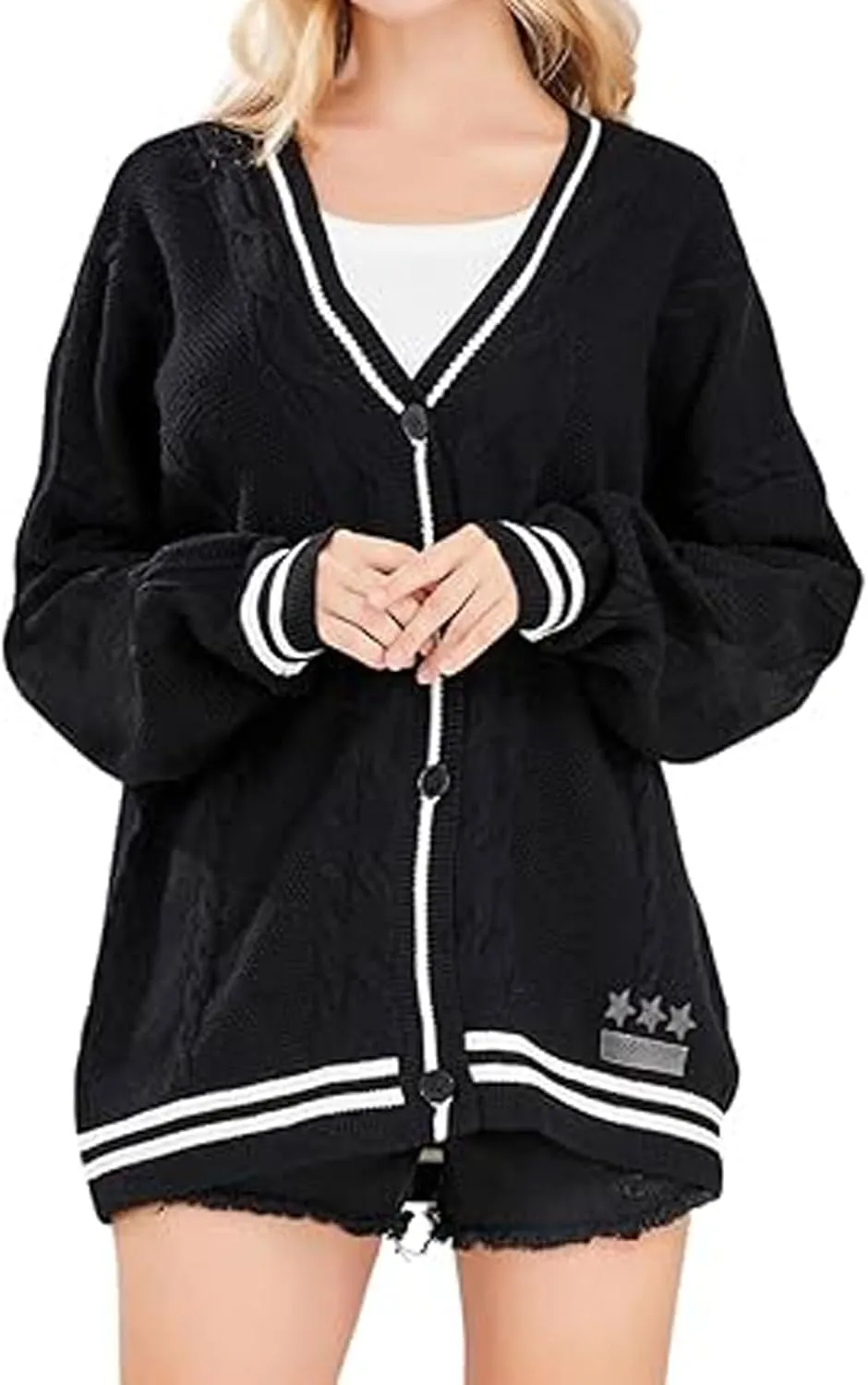 loveimgs Women's Cardigan Open Front Stars Embroideried Cable Knit Sweaters Button Down V Neck Sweater