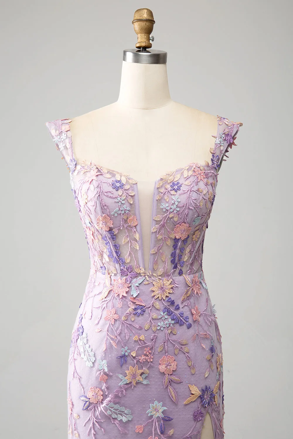 Luolandi Mauve Mermaid Square Neck Split Front Prom Dress With Appliques Floor Length With Flowers