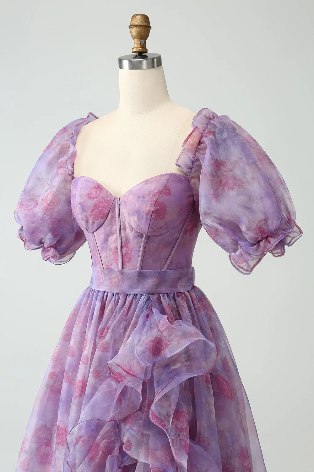 Luolandi Purple A Line Square Neck Corset Long Prom Dress With Slit Floor Length
