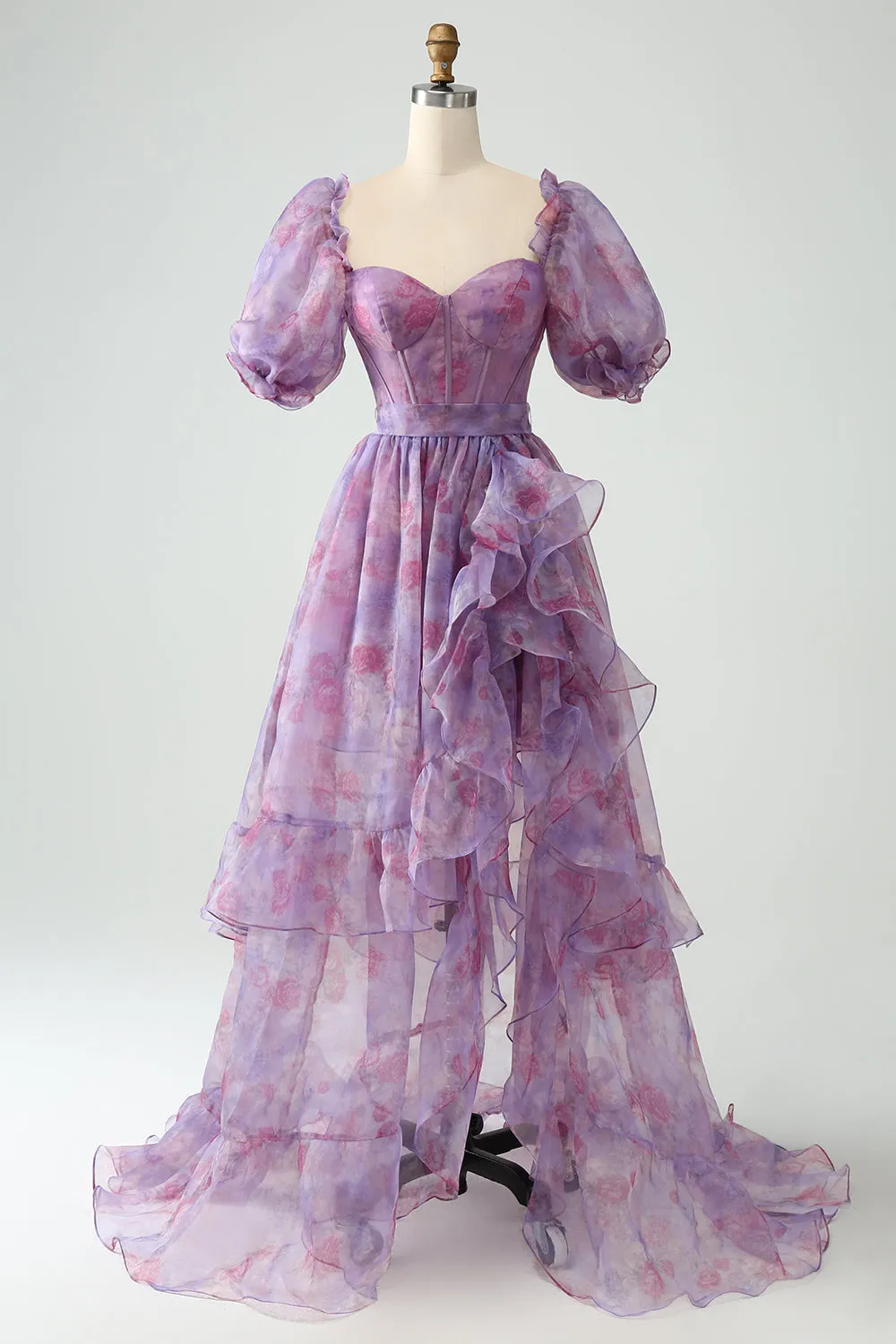 Luolandi Purple A Line Square Neck Corset Long Prom Dress With Slit Floor Length