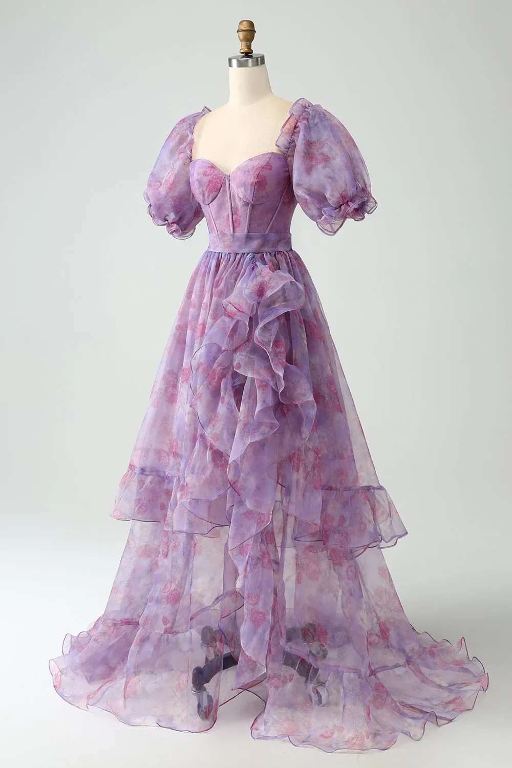 Luolandi Purple A Line Square Neck Corset Long Prom Dress With Slit Floor Length