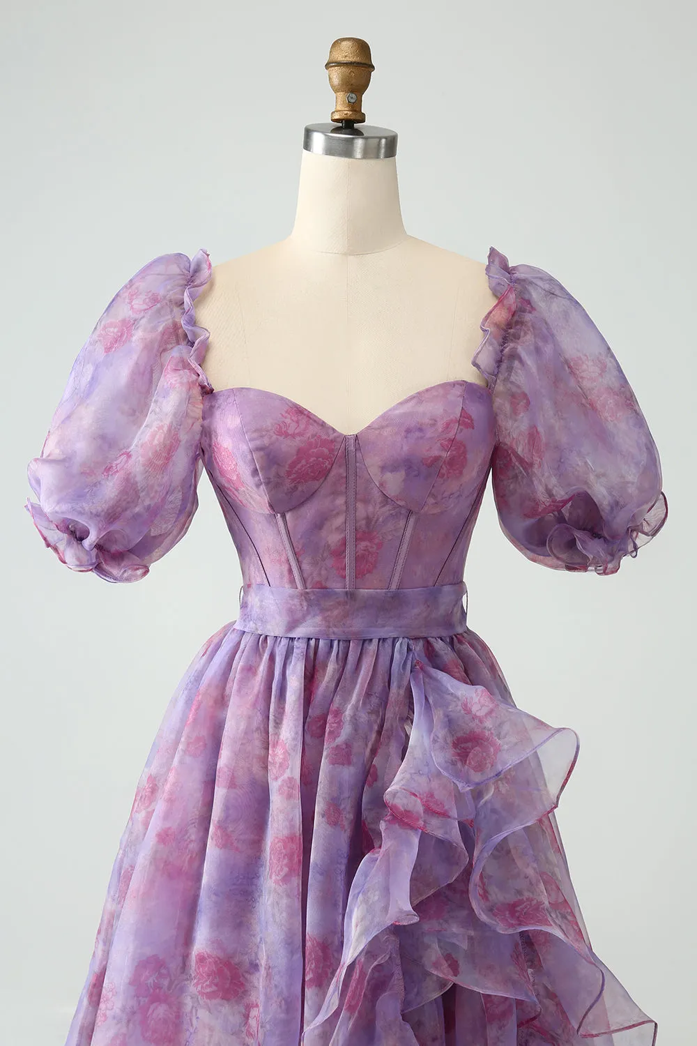 Luolandi Purple A Line Square Neck Corset Long Prom Dress With Slit Floor Length