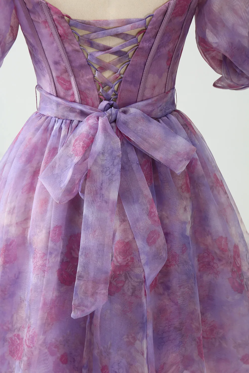 Luolandi Purple A Line Square Neck Corset Long Prom Dress With Slit Floor Length