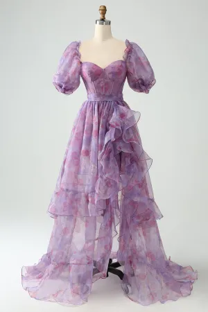 Luolandi Purple A Line Square Neck Corset Long Prom Dress With Slit Floor Length
