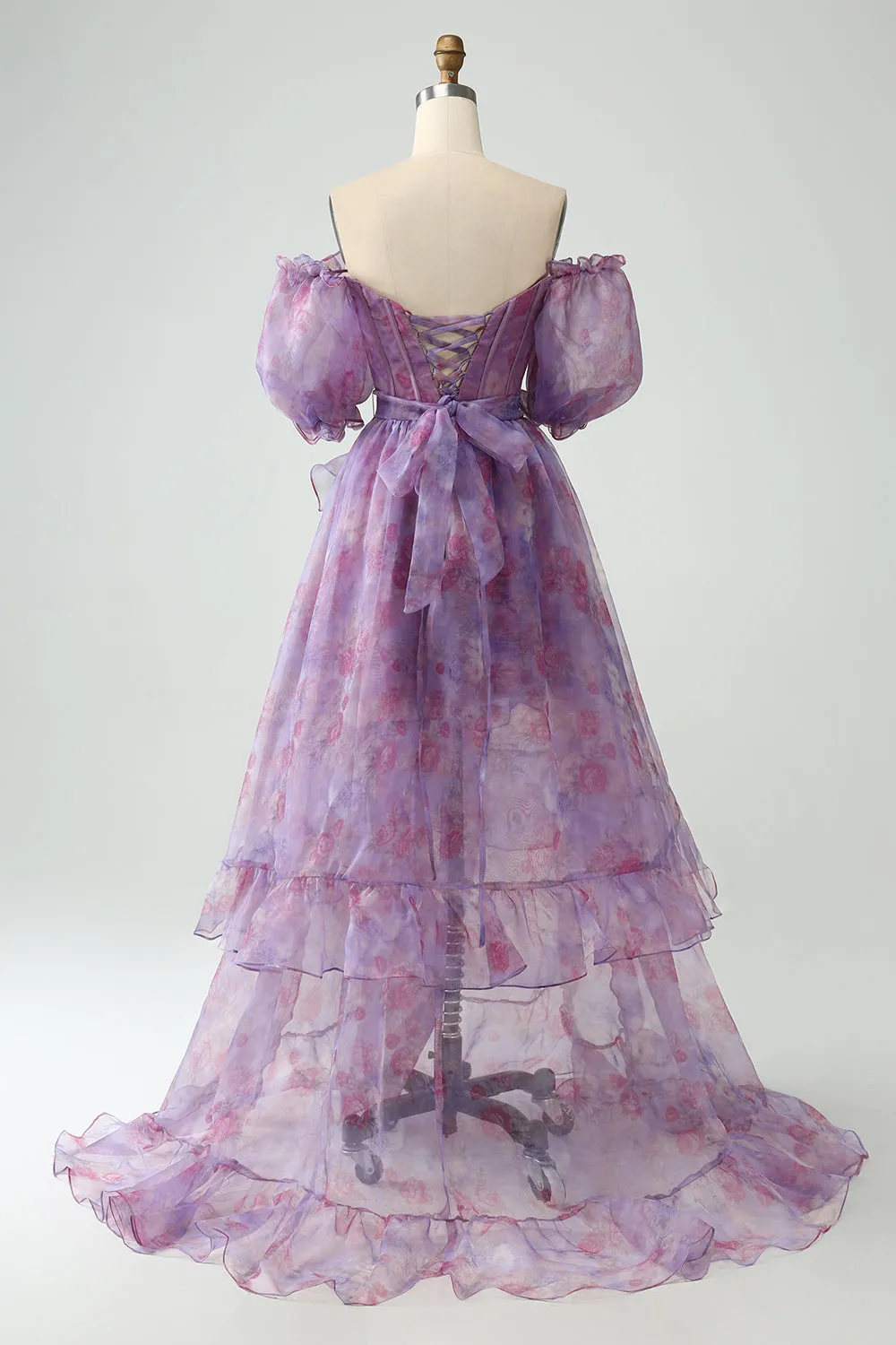 Luolandi Purple A Line Square Neck Corset Long Prom Dress With Slit Floor Length