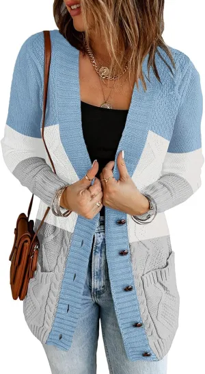 luvamia Womens Long Sleeve Open Front Buttons Cable Knit Pocket Sweater Cardigan