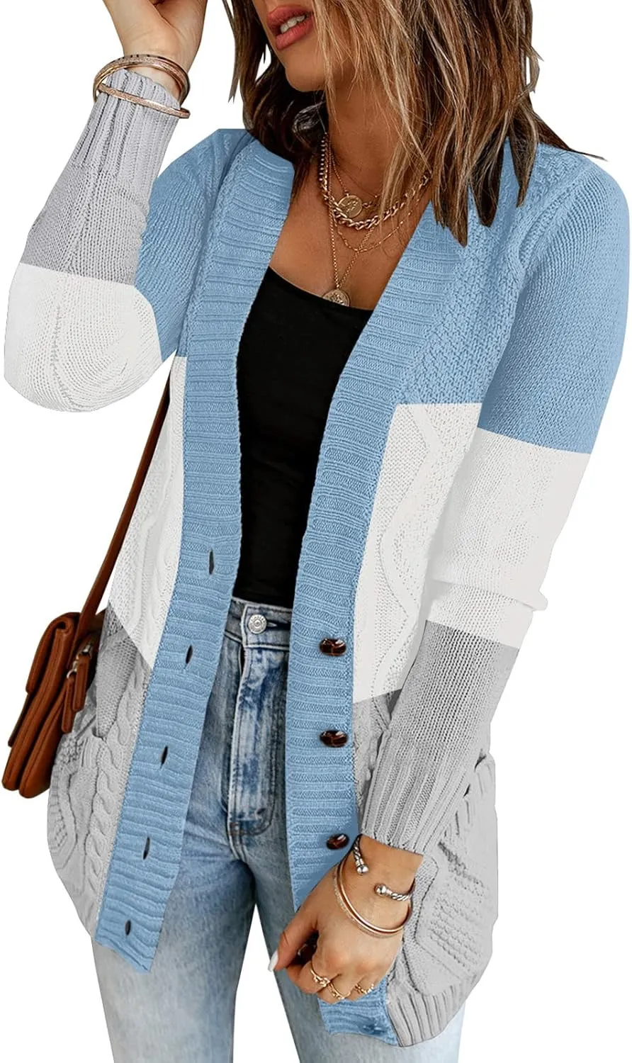 luvamia Womens Long Sleeve Open Front Buttons Cable Knit Pocket Sweater Cardigan