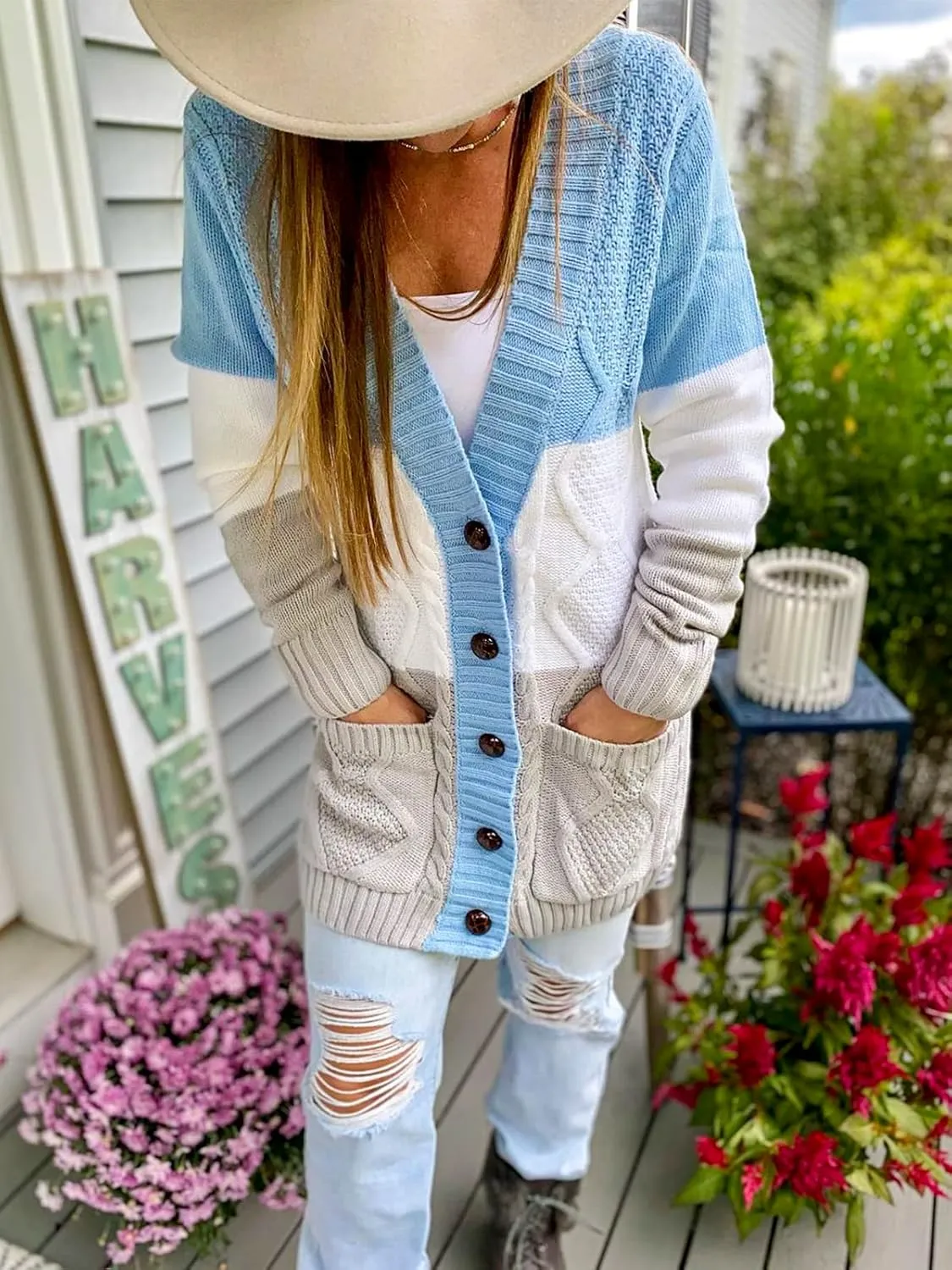 luvamia Womens Long Sleeve Open Front Buttons Cable Knit Pocket Sweater Cardigan