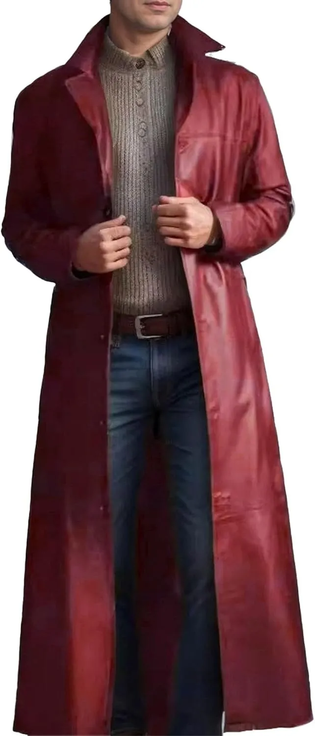 Maiyifu-GJ Men's Leather Trench Coat Full Length Vintage Faux Leather Jackets Overcoat Fashion Motorcycle Long Jacket