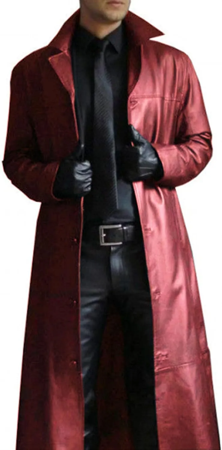 Maiyifu-GJ Men's Leather Trench Coat Full Length Vintage Faux Leather Jackets Overcoat Fashion Motorcycle Long Jacket