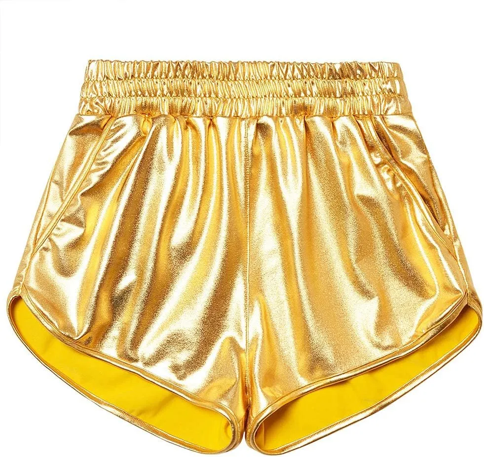 MAKARTHY Women's Metallic Shorts Elastic Waist Shiny Sparkly Rave Pants