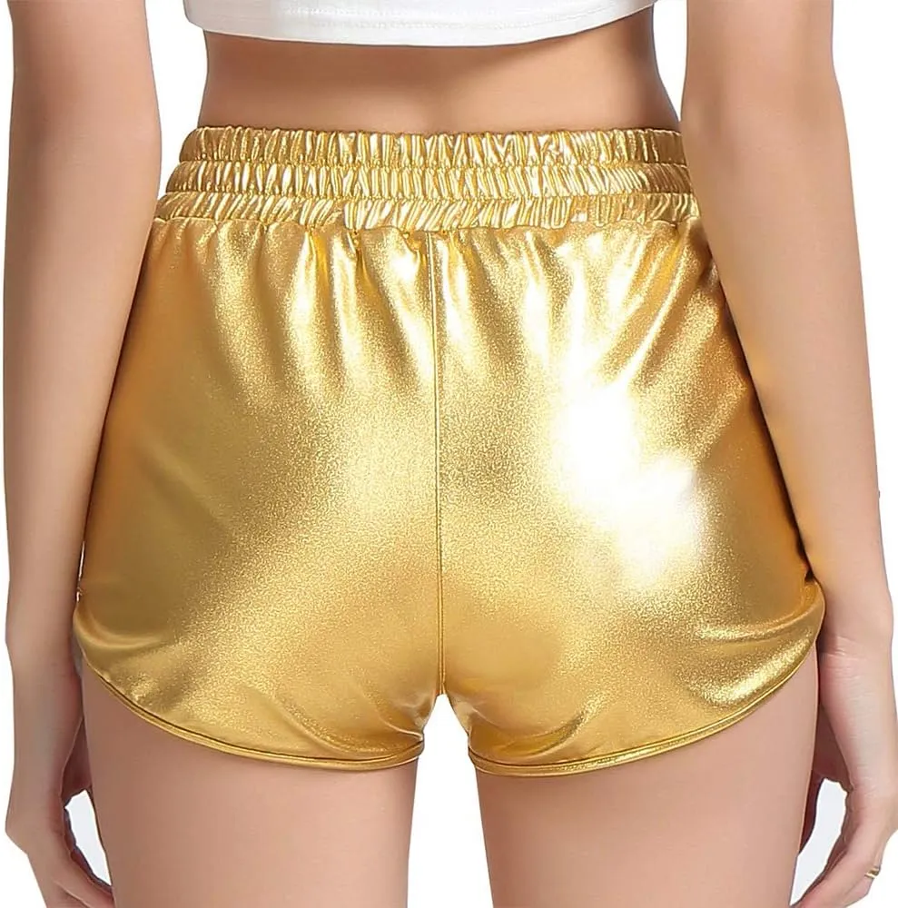 MAKARTHY Women's Metallic Shorts Elastic Waist Shiny Sparkly Rave Pants