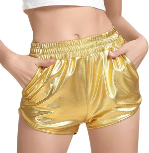 MAKARTHY Women's Metallic Shorts Elastic Waist Shiny Sparkly Rave Pants