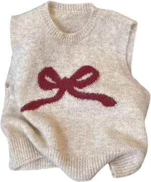 MakeMeChic Women's Bow Crew Neck Sleeveless Sweater Vest Knit Lightweight Pullover Tops