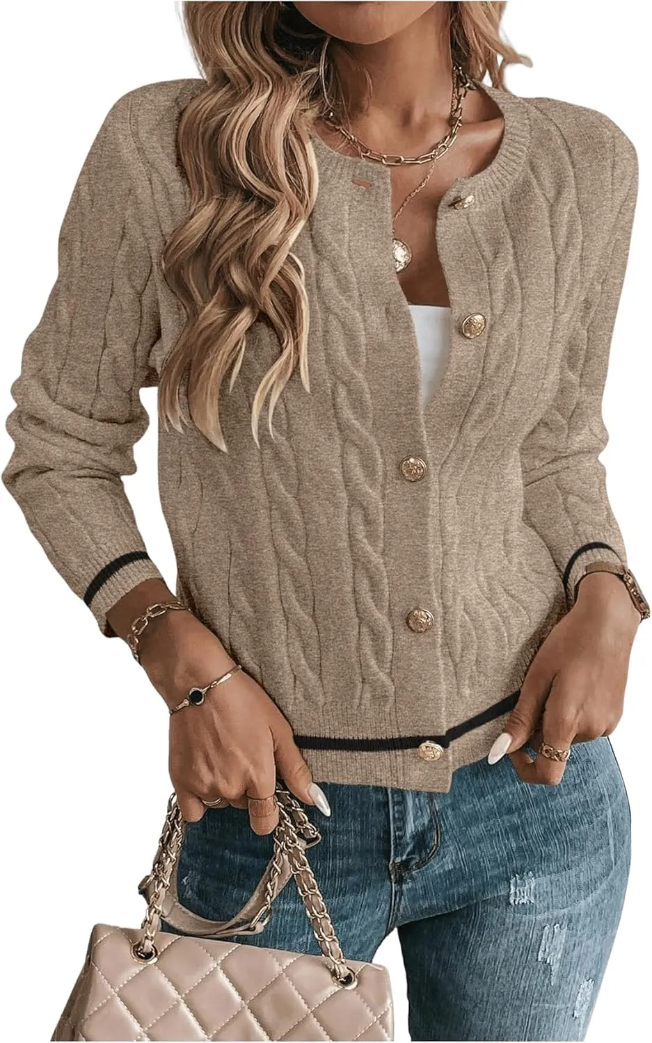 MakeMeChic Women's Cardigan Sweaters Cable Knit Sweater Button Down Shirt
