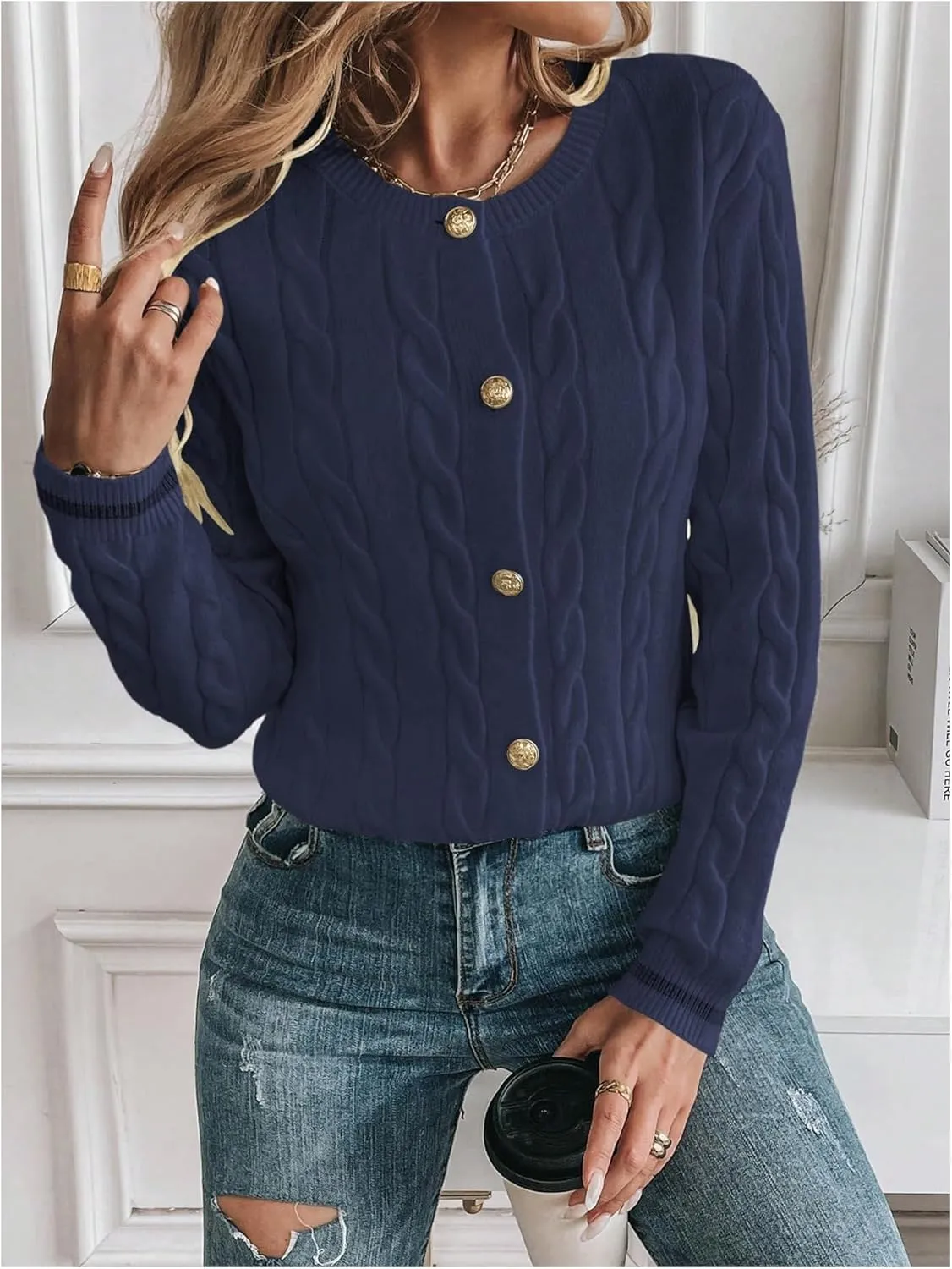 MakeMeChic Women's Cardigan Sweaters Cable Knit Sweater Button Down Shirt