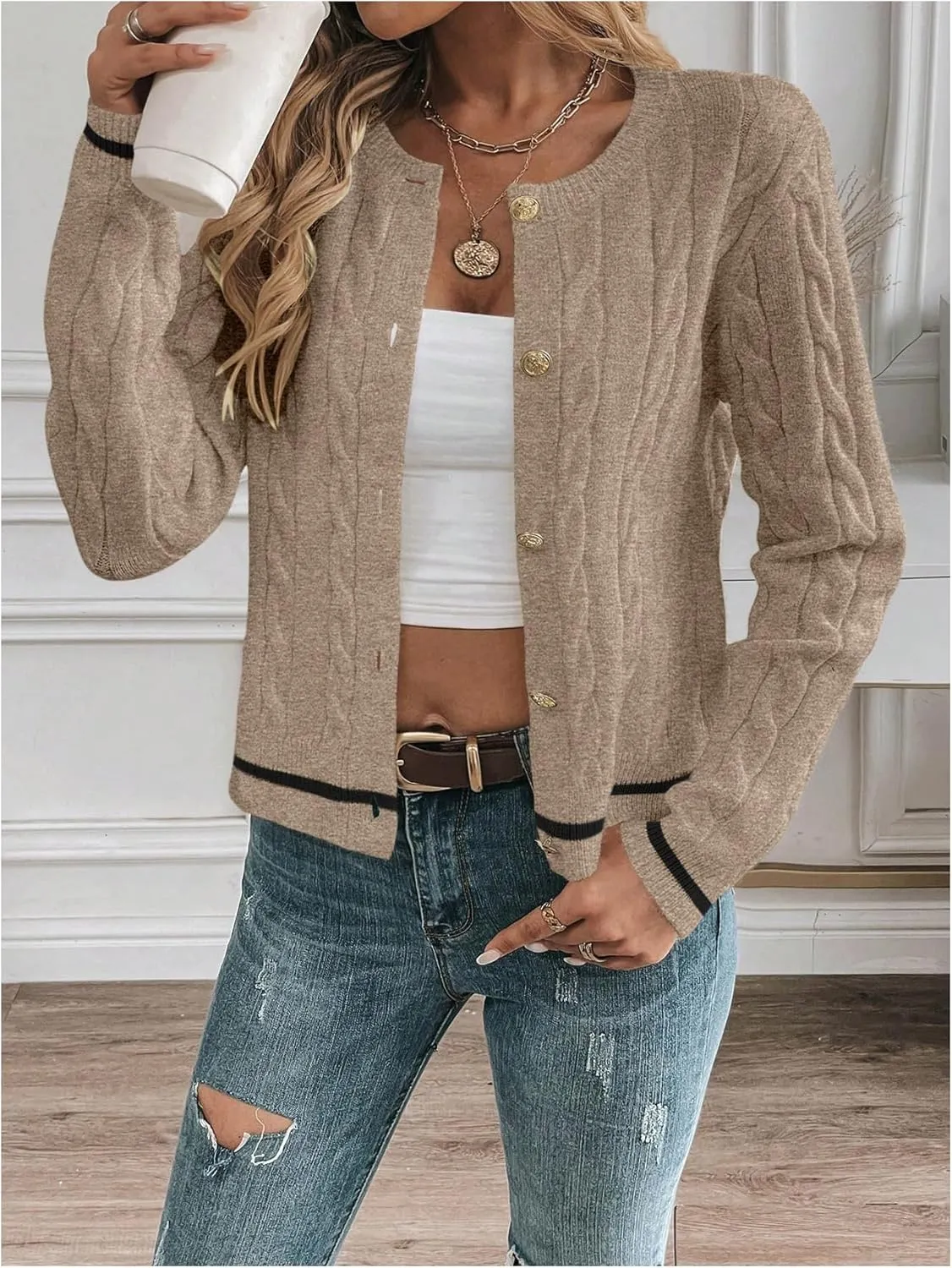 MakeMeChic Women's Cardigan Sweaters Cable Knit Sweater Button Down Shirt