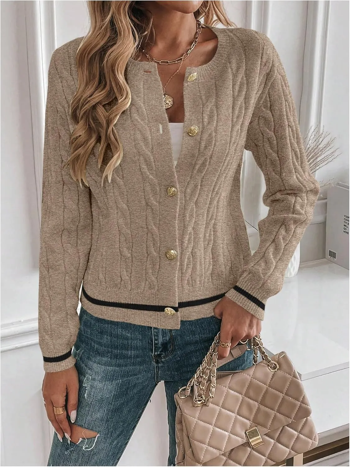 MakeMeChic Women's Cardigan Sweaters Cable Knit Sweater Button Down Shirt