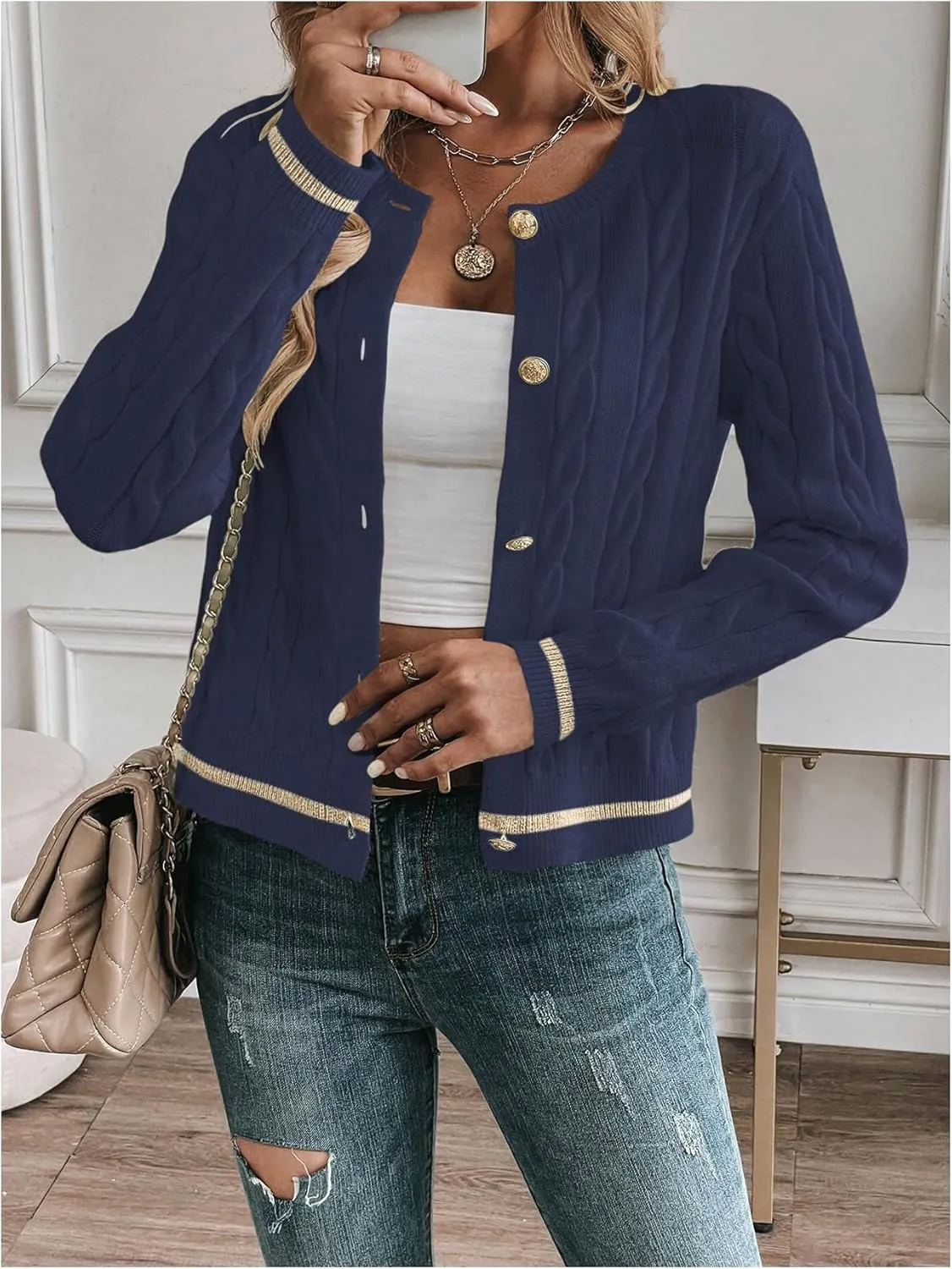 MakeMeChic Women's Cardigan Sweaters Cable Knit Sweater Button Down Shirt