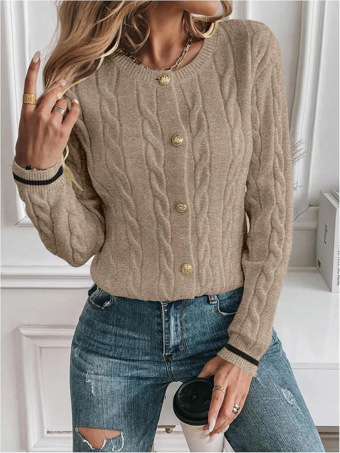 MakeMeChic Women's Cardigan Sweaters Cable Knit Sweater Button Down Shirt