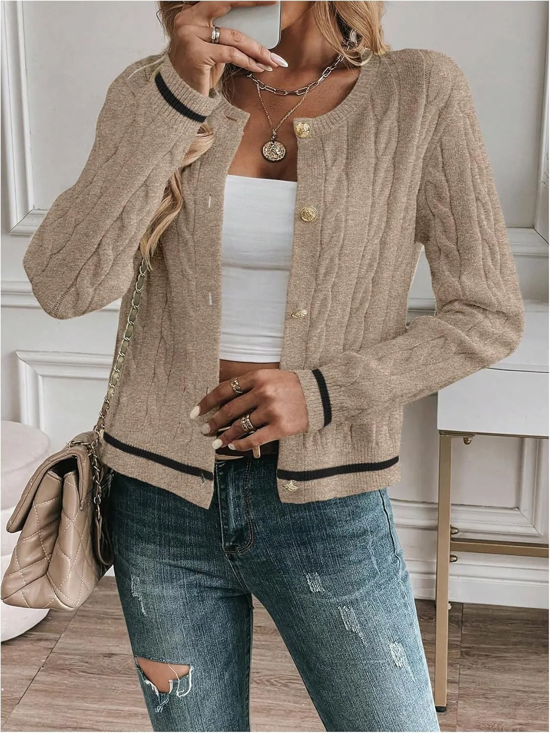 MakeMeChic Women's Cardigan Sweaters Cable Knit Sweater Button Down Shirt