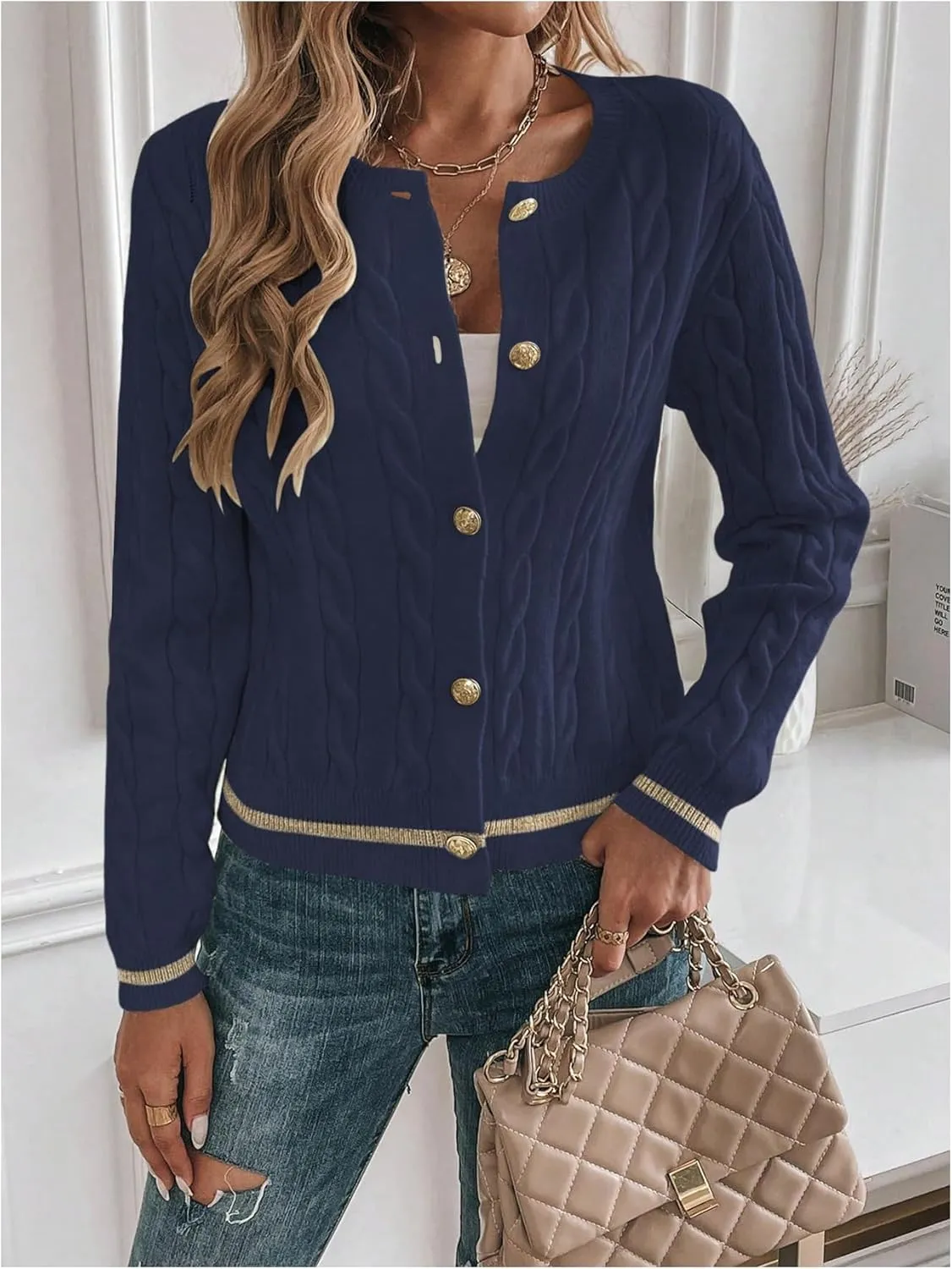 MakeMeChic Women's Cardigan Sweaters Cable Knit Sweater Button Down Shirt