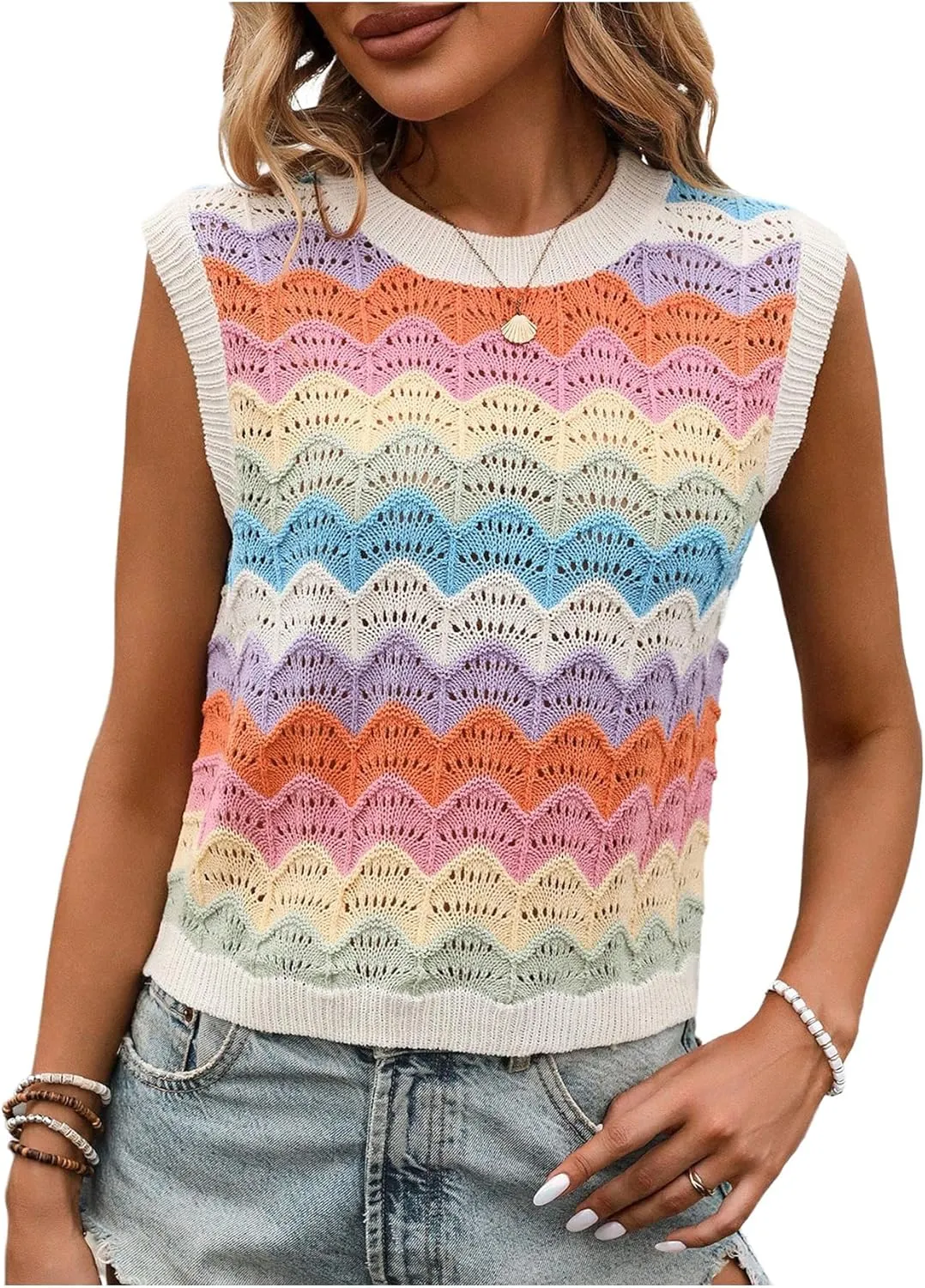 MakeMeChic Women's Colorful Crew Neck Sweater Vest Sleeveless Lightweight Pullover Tops