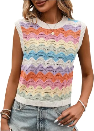 MakeMeChic Women's Colorful Crew Neck Sweater Vest Sleeveless Lightweight Pullover Tops
