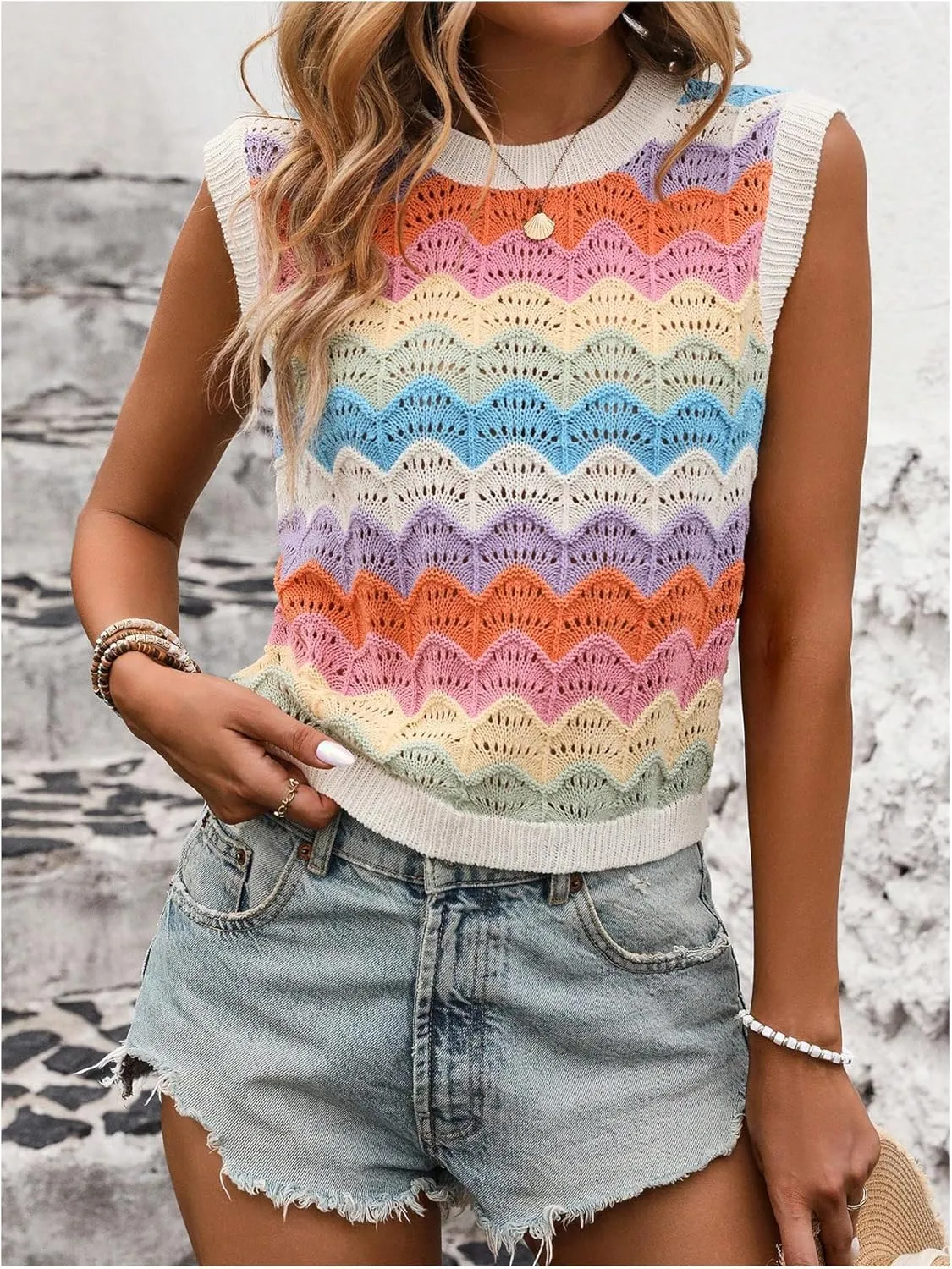 MakeMeChic Women's Colorful Crew Neck Sweater Vest Sleeveless Lightweight Pullover Tops