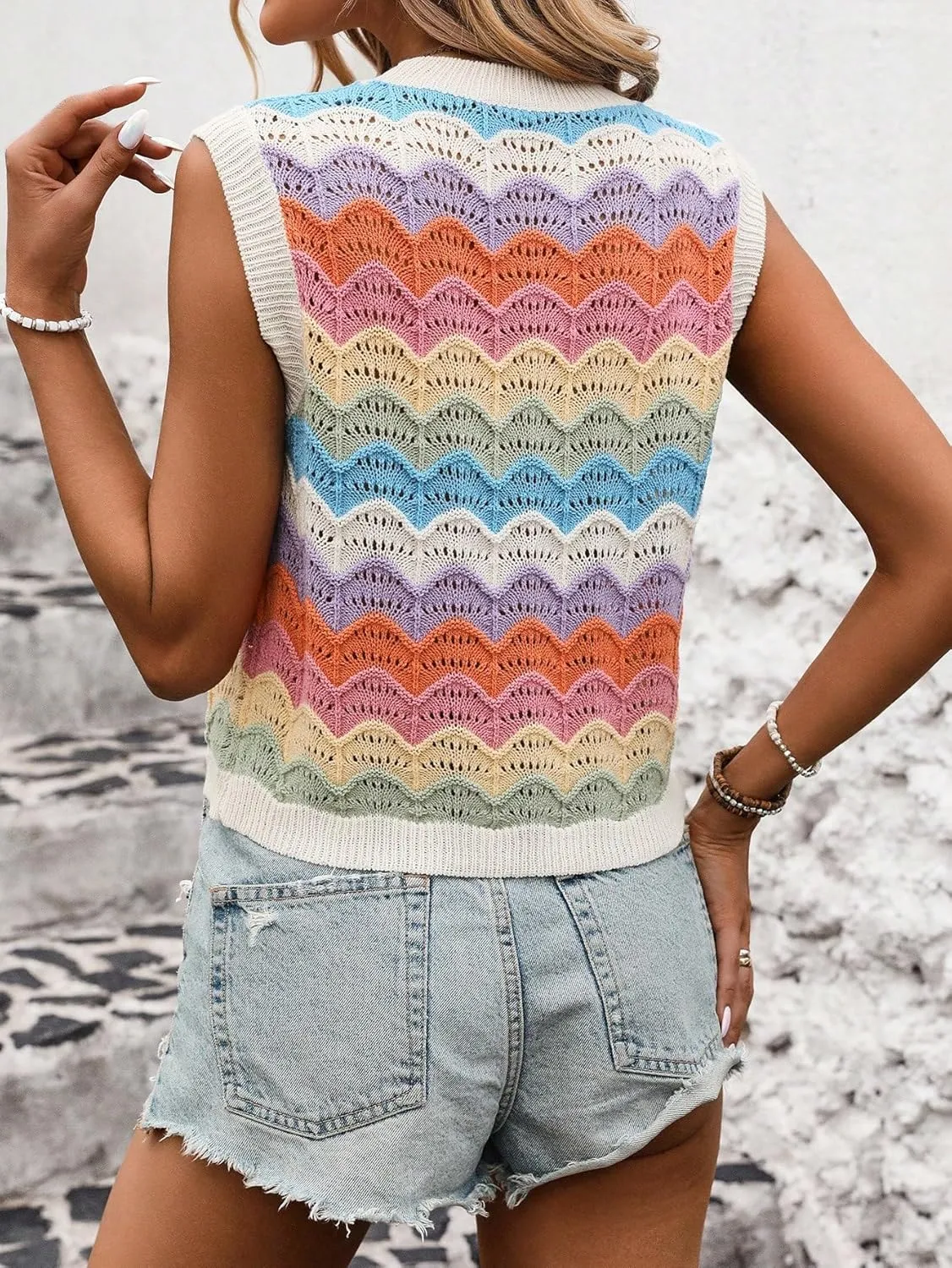 MakeMeChic Women's Colorful Crew Neck Sweater Vest Sleeveless Lightweight Pullover Tops