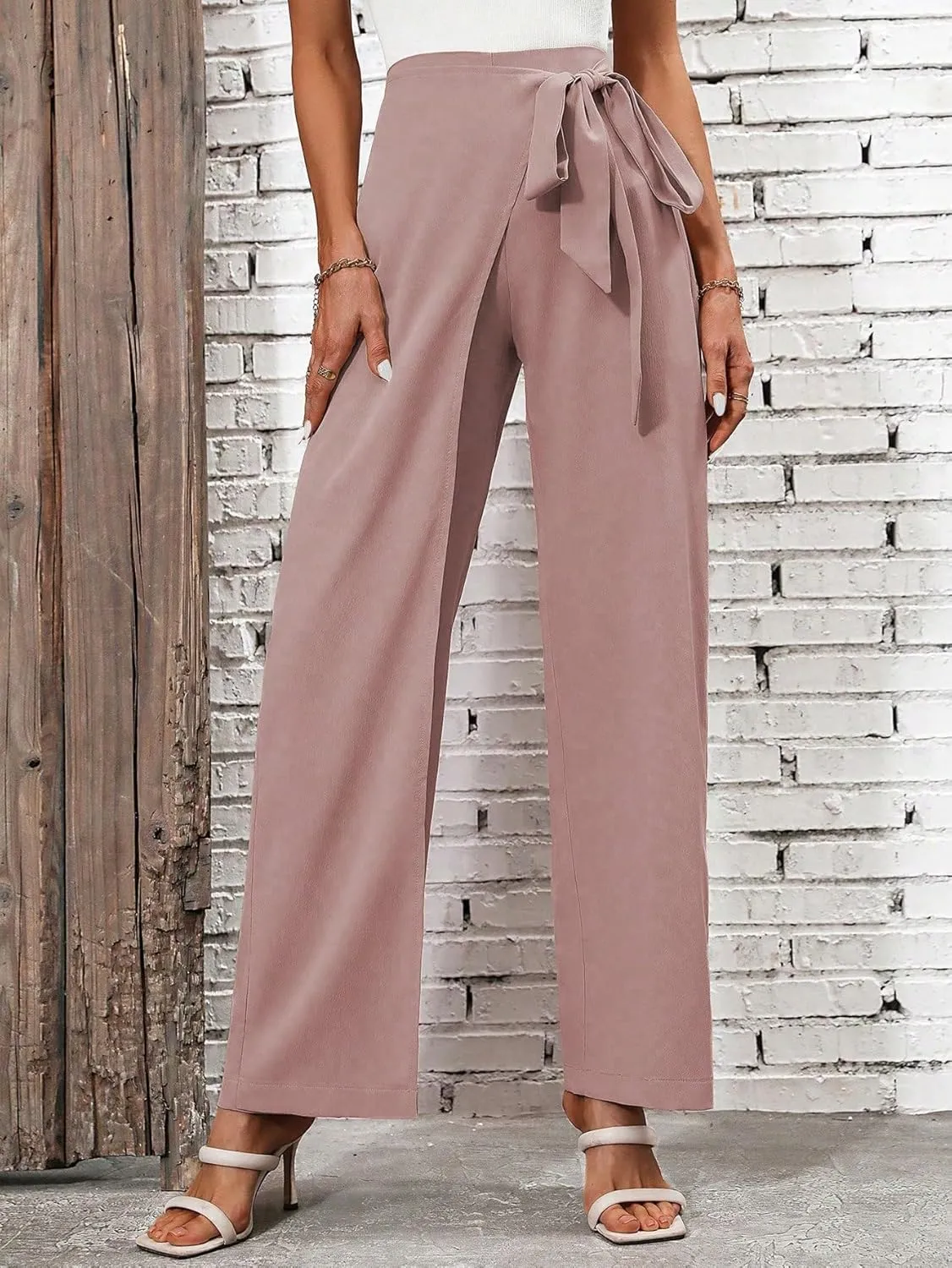 MakeMeChic Women's Wide Leg Pants Elastic Waist Work Office Trousers Pants
