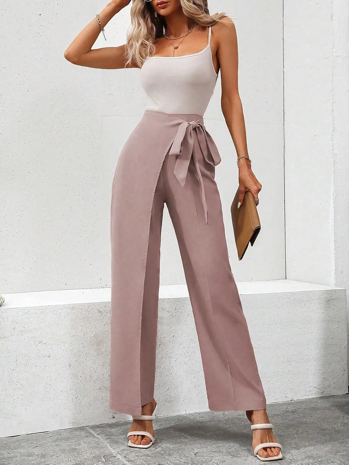 MakeMeChic Women's Wide Leg Pants Elastic Waist Work Office Trousers Pants