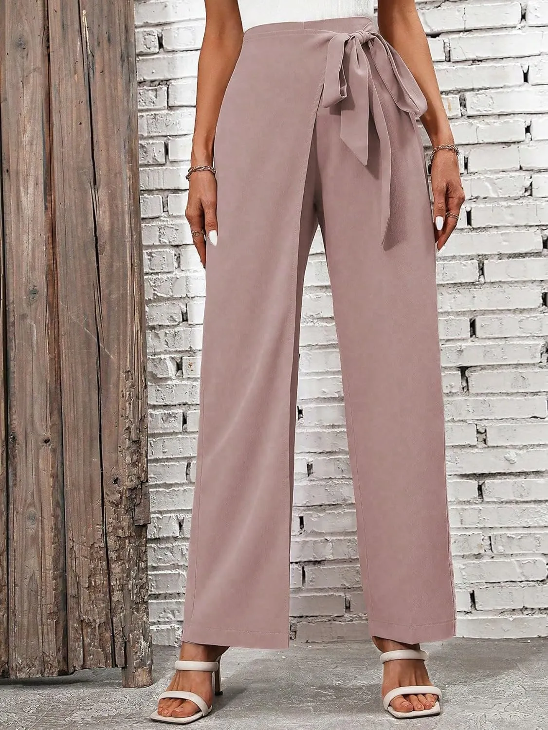 MakeMeChic Women's Wide Leg Pants Elastic Waist Work Office Trousers Pants